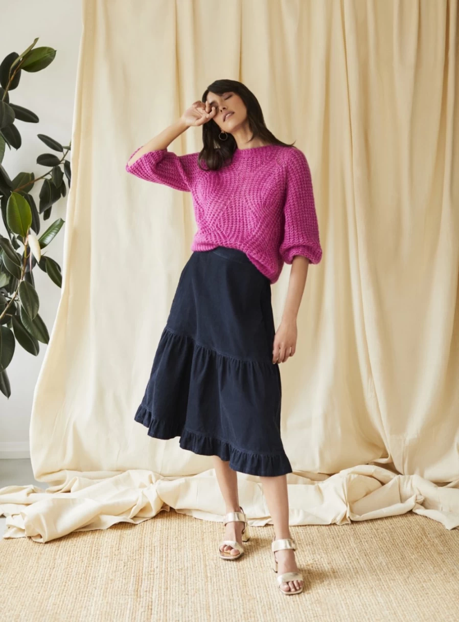 Thought Women's Milou Organic Cotton Corduroy Tiered Midi Skirt - Size 14 | Sustainable Fashion