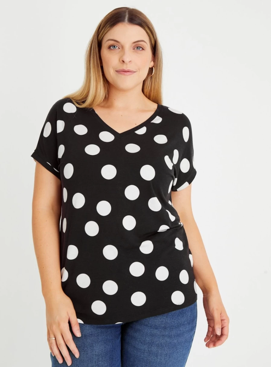 Tu Women's Mono Spot Relaxed Fit V-Neck Top - Comfortable Casual Blouse for Everyday Wear