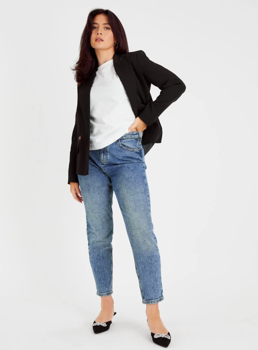 Tu Women's Blue Denim Embellished Mom Jeans - High Waisted Stretch Skinny 14S Vintage Retro Style