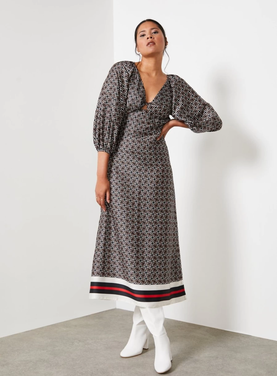 "For All The Love Women's Satin Twist Front Midi Dress with Border Print - Size 16"