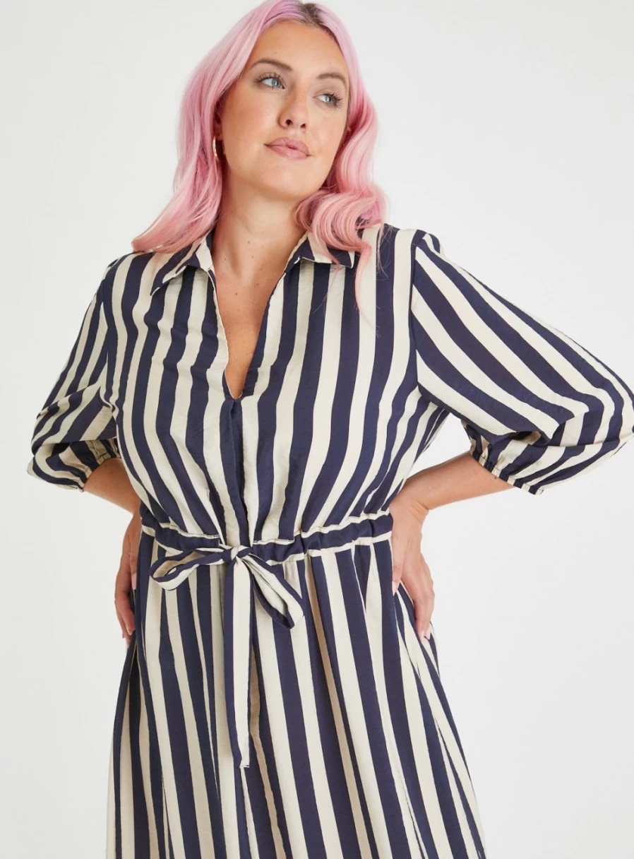 "Tu Women's Navy Blue Striped Shirt Dress - Size 14"