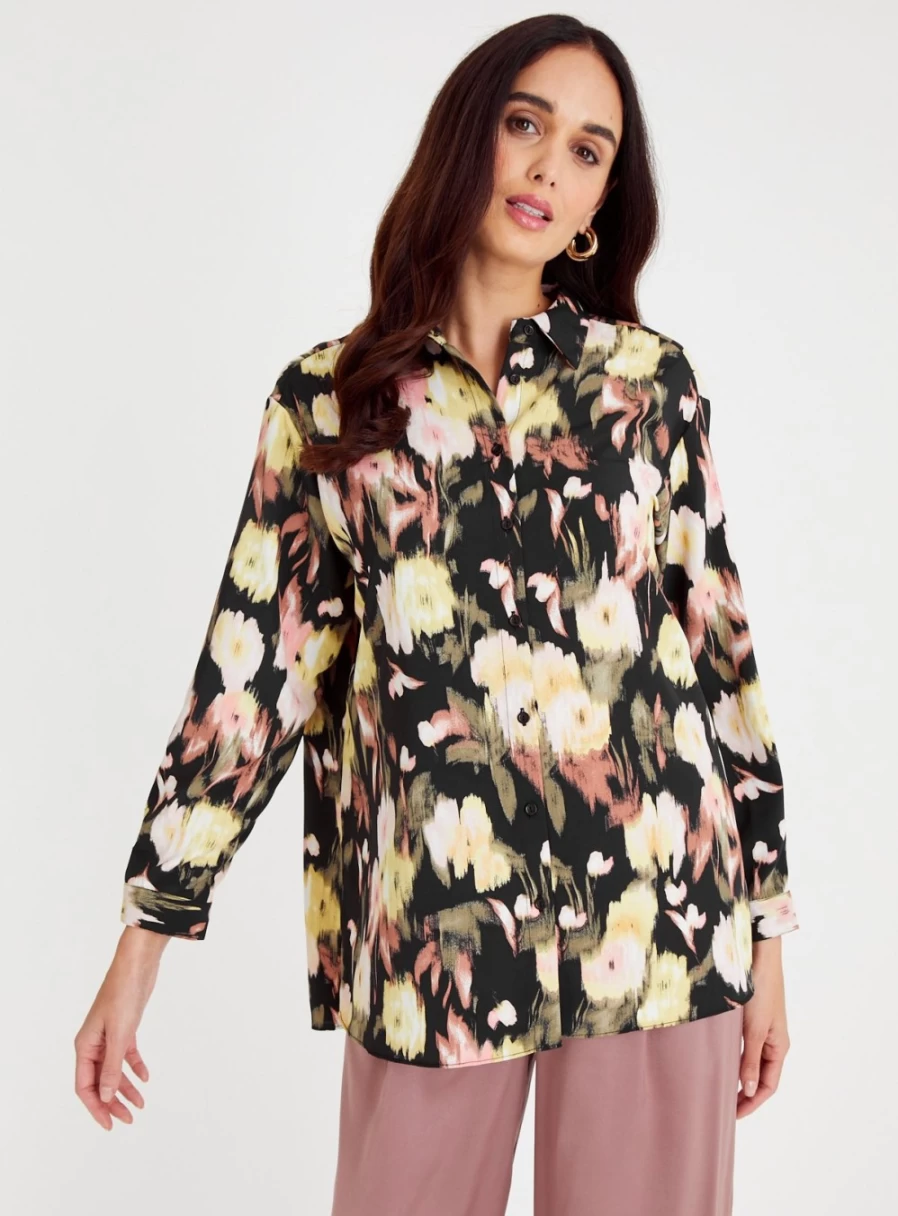 Tu Women's Floral Art Oversized Shirt - Stylish Boho Print Long Sleeve Blouse