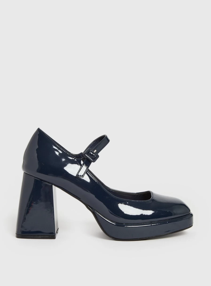 Tu Women's Navy Patent Leather Mary Jane Platform Shoes with 5-Inch Heel