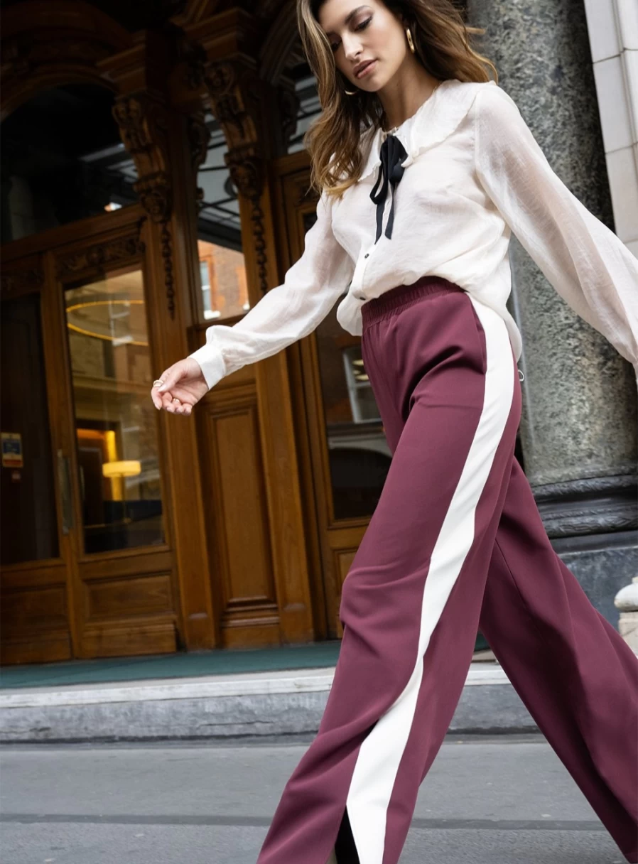 "For All The Love Women's Burgundy Printed Wide Leg Pants with Side Stripe - Size 12"
