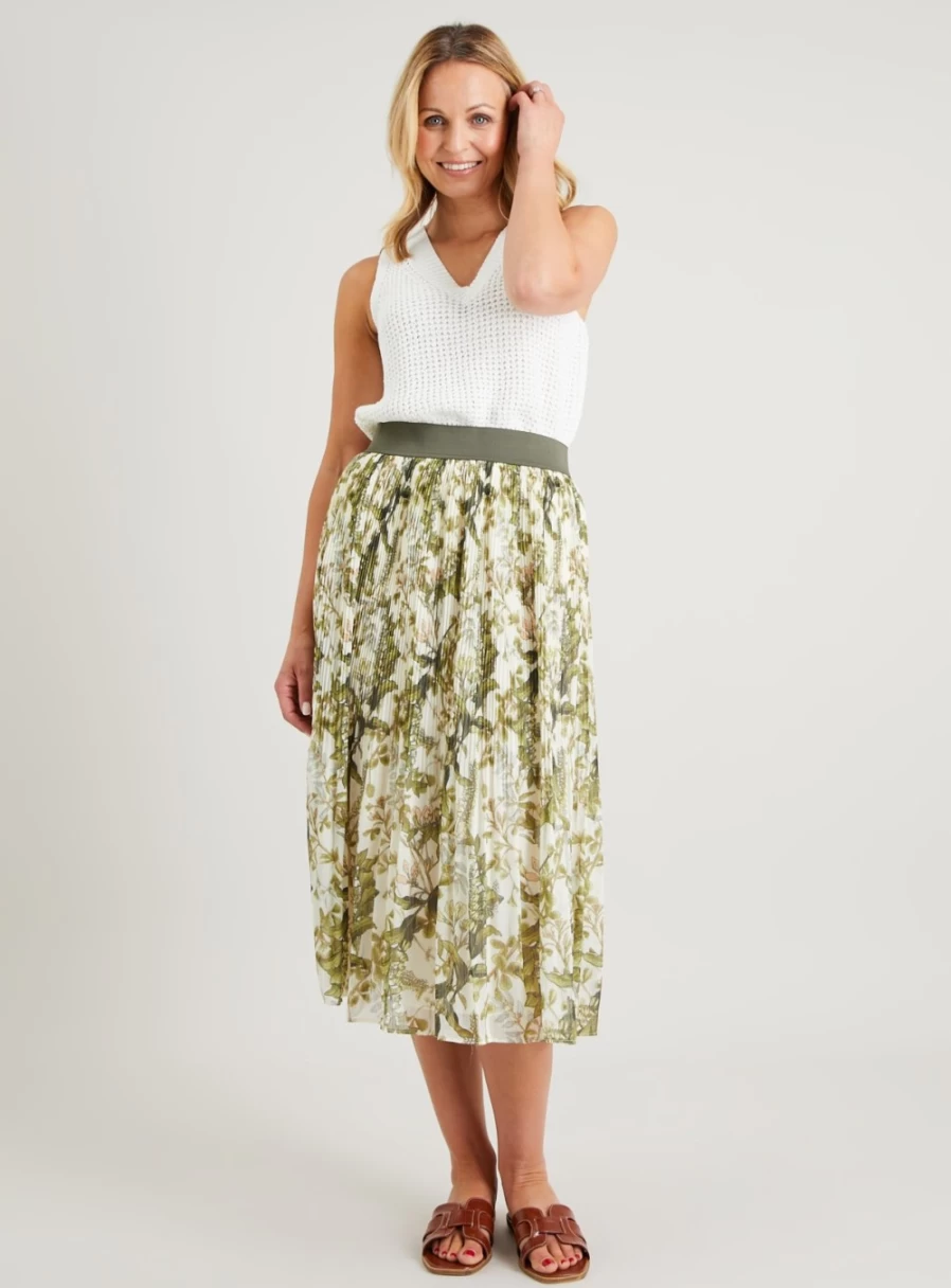 Tu Women's White & Green Floral Pleated Chiffon Midi Skirt - Elegant Spring Summer Flowy Layered Ruffle Skirt