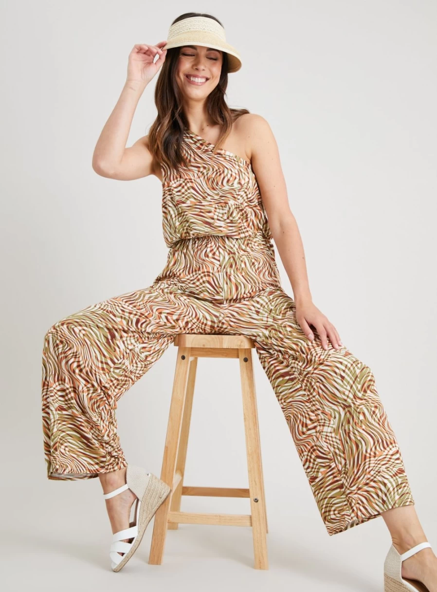Tu Women's Fashion Green & Orange Striped One Shoulder Jumpsuit - Size 18, Trendy Summer Romper, Plus Size Party Outfit
