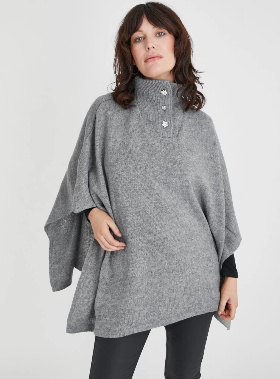 Tu Women's Grey Knitted Poncho - Oversized Soft Wool Wrap - One Size Cozy Fall Winter Cape
