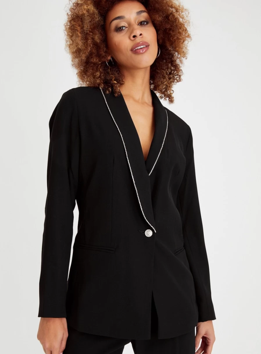 Tu Women's Black Sparkle Trim Tailored Blazer - Size 12 | Elegant Formal Jacket with Glitter Detail