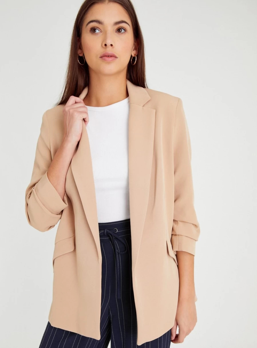 "TU Women's Nude Ruched Sleeve Blazer - Elegant Tailored Jacket for Office Wear"