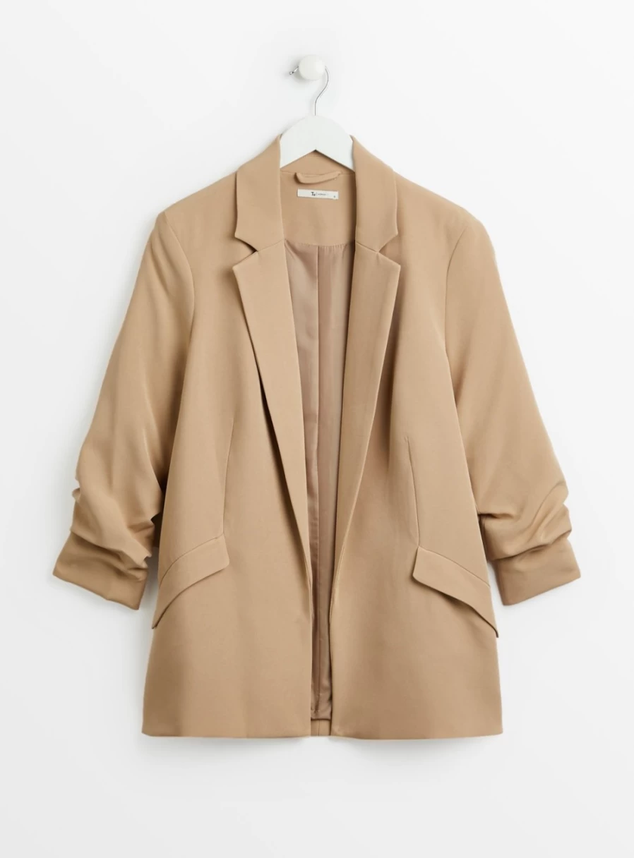 "TU Women's Nude Ruched Sleeve Blazer - Elegant Tailored Jacket for Office Wear"