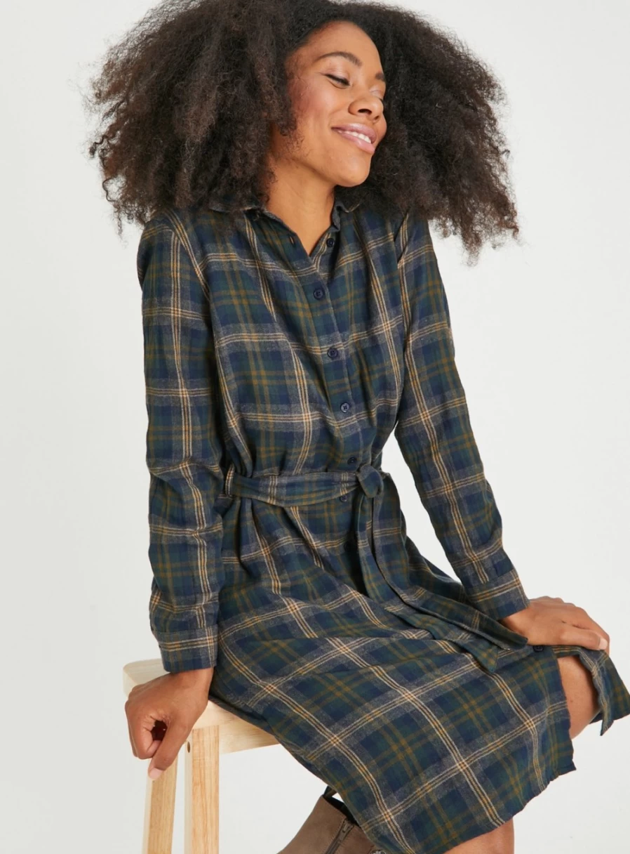 Tu Women's Brown Checkered Shirt Dress - Size 16 Casual Long Sleeve Button Down Tunic