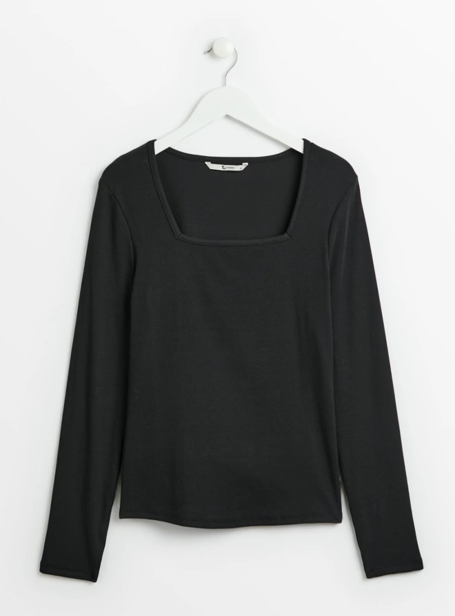 "Tu Women's Black Square Neck Slim Fit Ribbed Top - Stylish 20s Inspired T-Shirt"