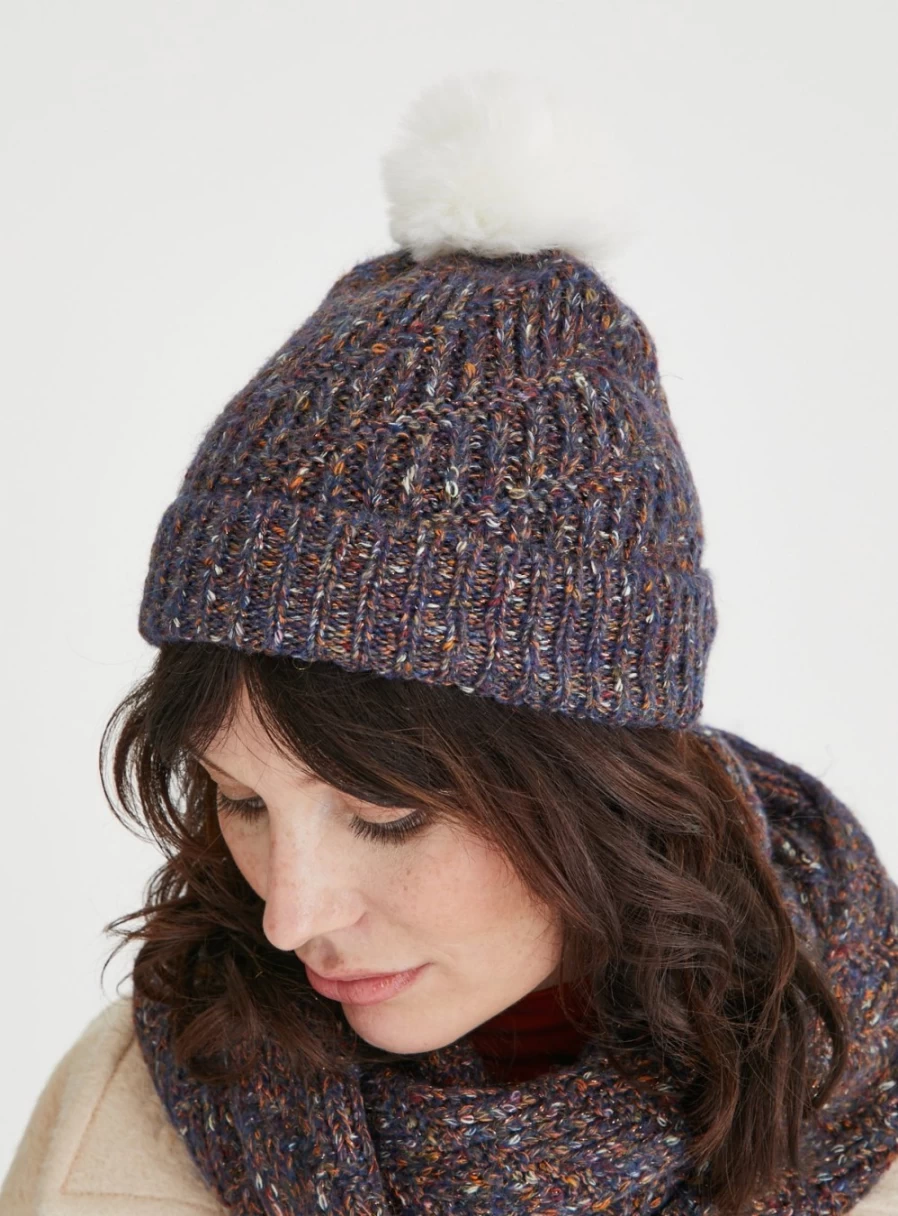 "Tu Women's Navy Sparkle Flecked Pom Pom Beanie Hat - One Size Winter Knit Cap"
