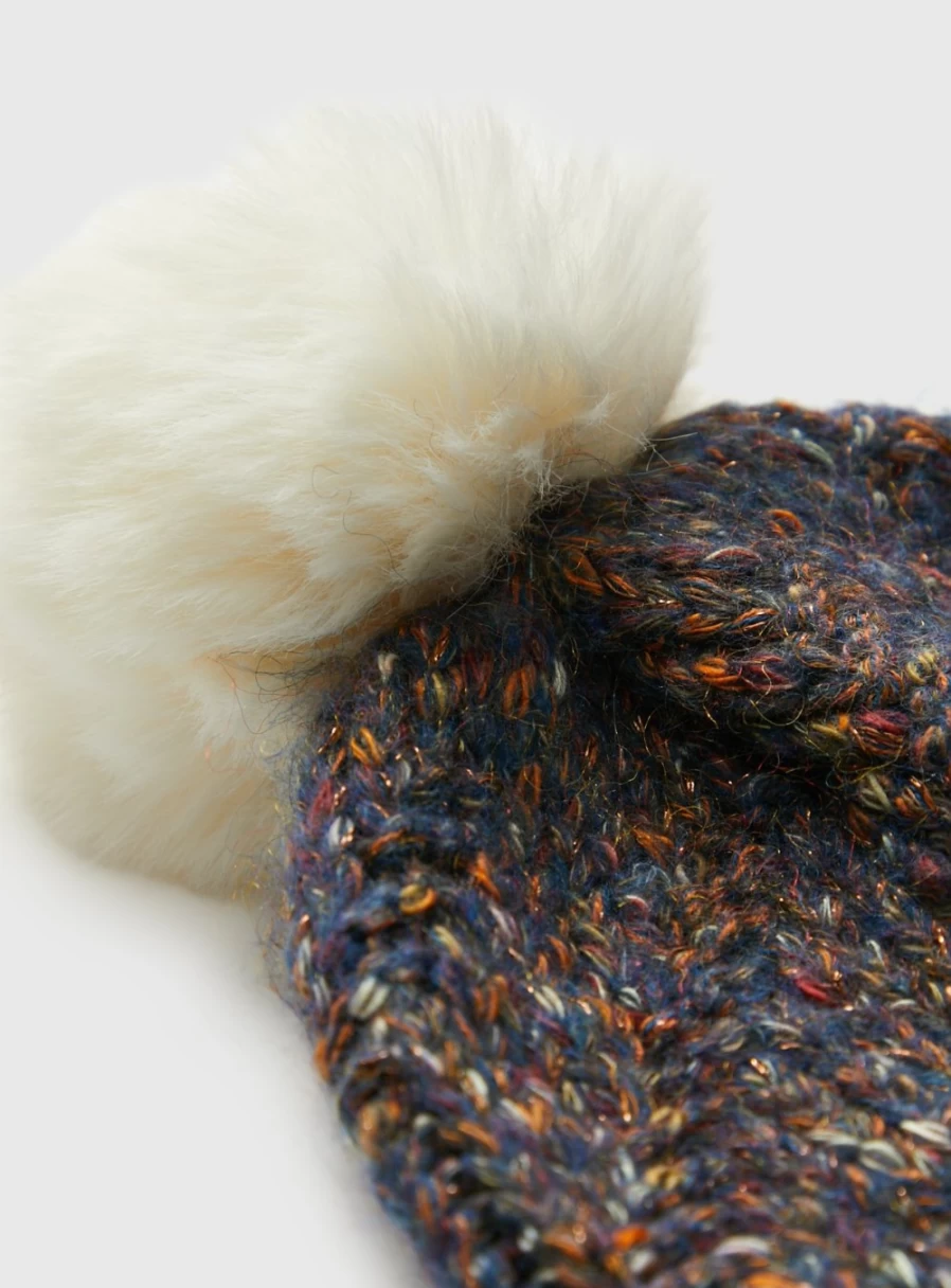 "Tu Women's Navy Sparkle Flecked Pom Pom Beanie Hat - One Size Winter Knit Cap"
