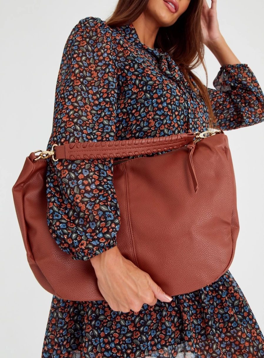 "TU Women's Tan Plait Detail Slouch Bag - One Size Handbag for Women"
