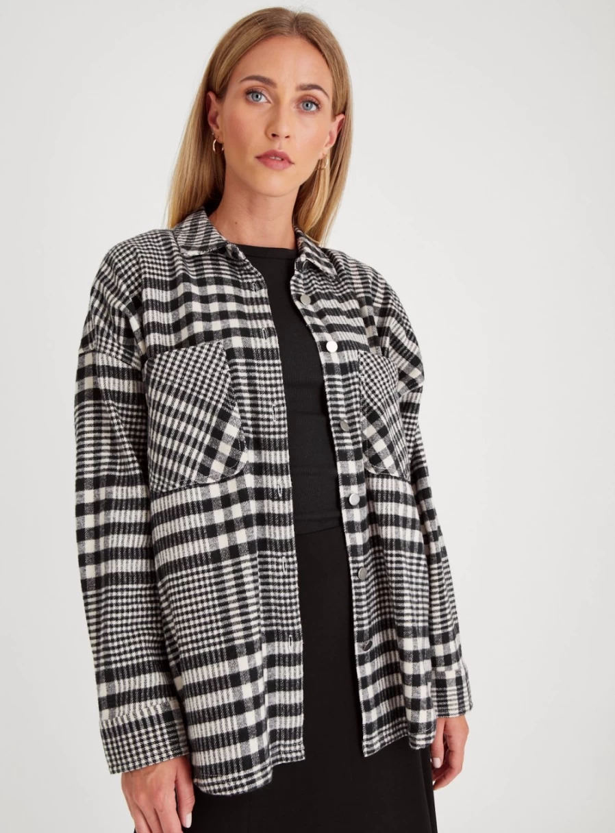 Tu Women's Mono Dogtooth Print Overshirt - Stylish Checkered Long Sleeve Shirt Jacket