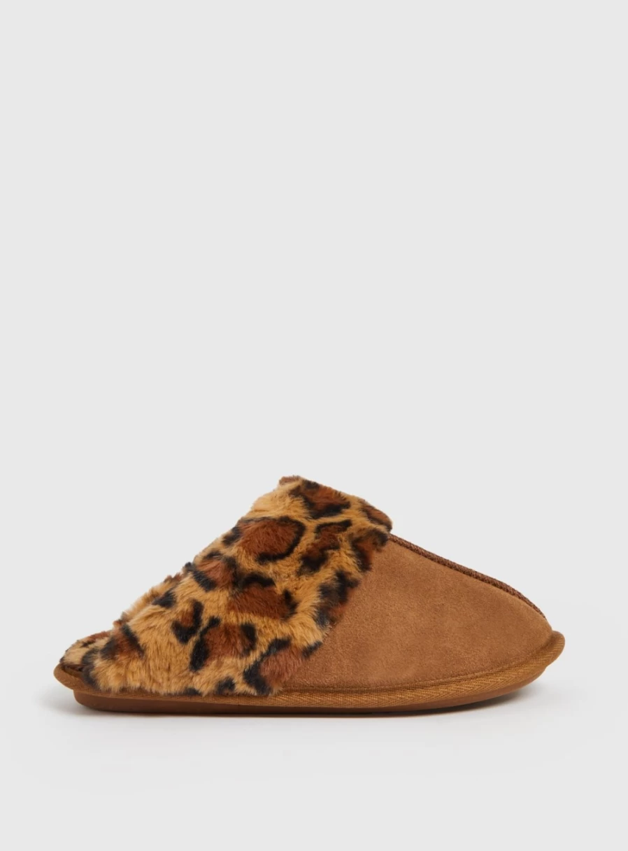 Women's Brown Leopard Print Suede Mule Slippers with Faux Fur - Totes