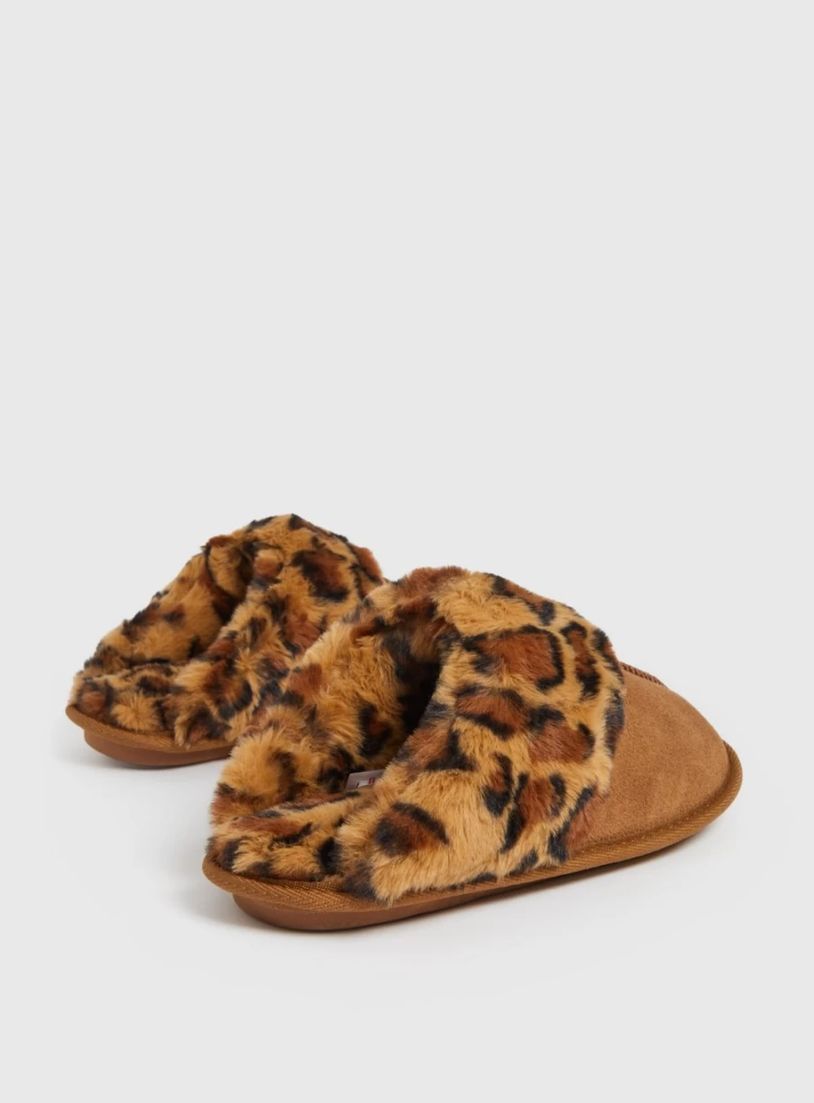 Women's Brown Leopard Print Suede Mule Slippers with Faux Fur - Totes