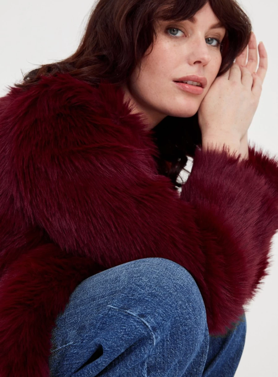 Tu Women's Berry Red Faux Fur Jacket - Cozy Winter Coat 20