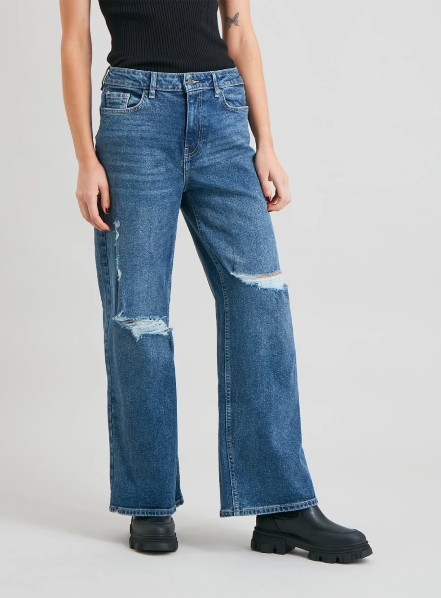 Tu Women's Mid Wash Distressed Wide Leg Jeans - 12L Denim Pants for Casual Wear