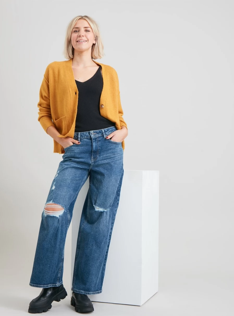 Tu Women's Mid Wash Distressed Wide Leg Jeans - 12L Denim Pants for Casual Wear