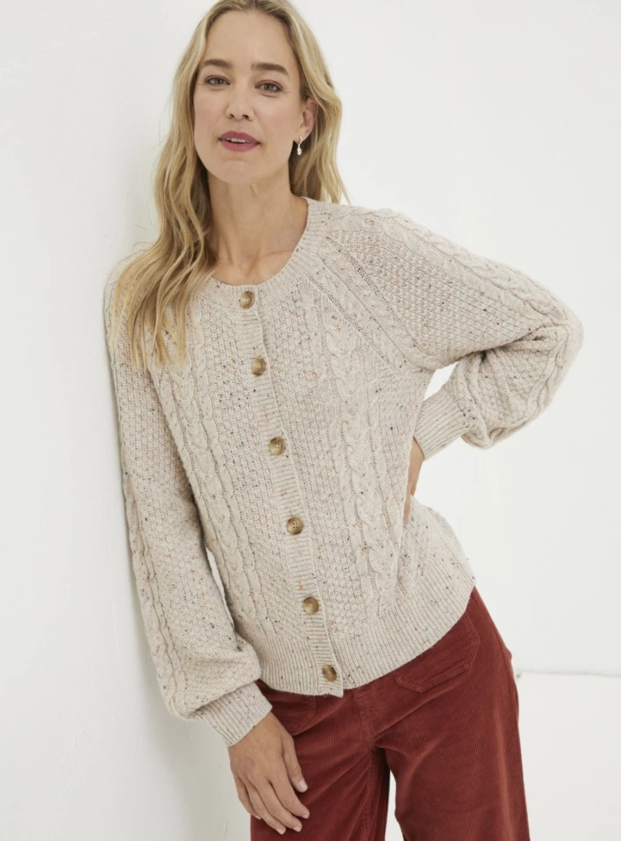 FatFace Women's Chloe Cable Knit Crew Neck Cardigan Sweater - Size 8