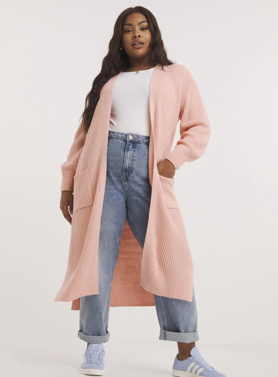 Simply Be Women's Pink Fisherman Rib Longline Cardigan - Cozy Knit Sweater, Size 28-30
