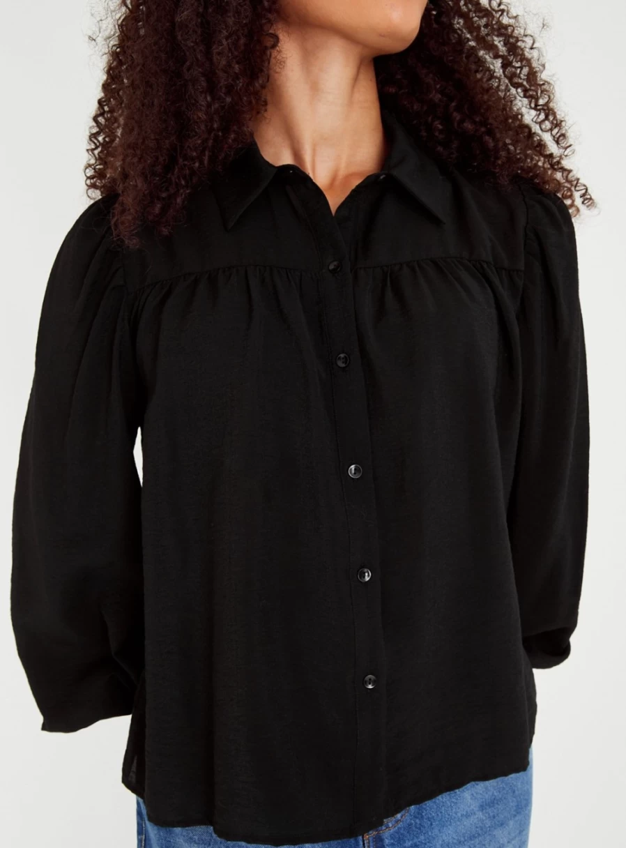 Tu Women's Black Textured Button-Down Blouse with Stylish Detail