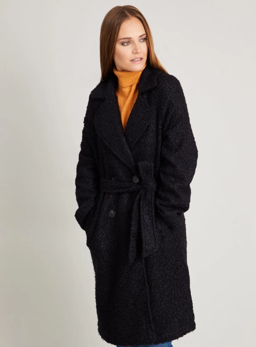 Tu Women's Black Bouclé Trench Coat - Elegant Long Lapel Jacket for Women