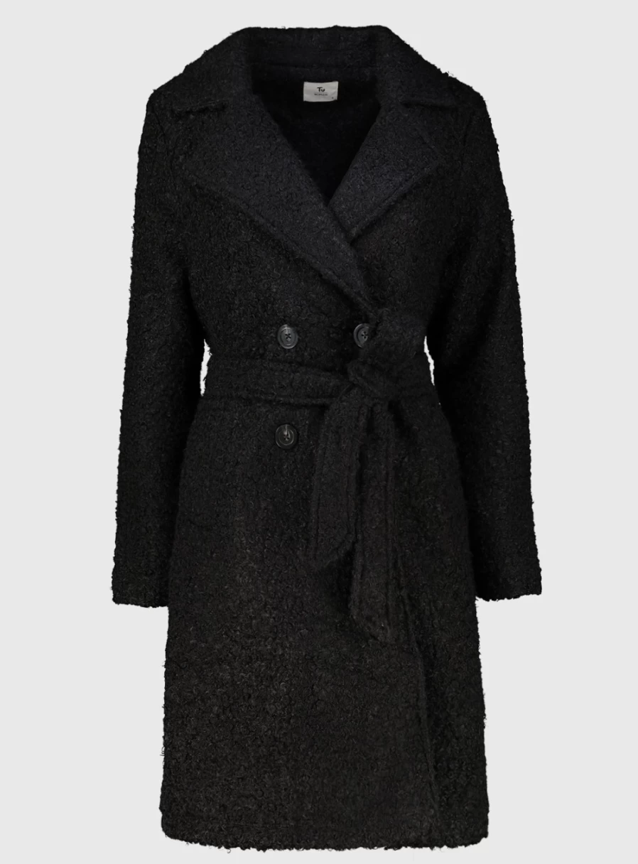 Tu Women's Black Bouclé Trench Coat - Elegant Long Lapel Jacket for Women