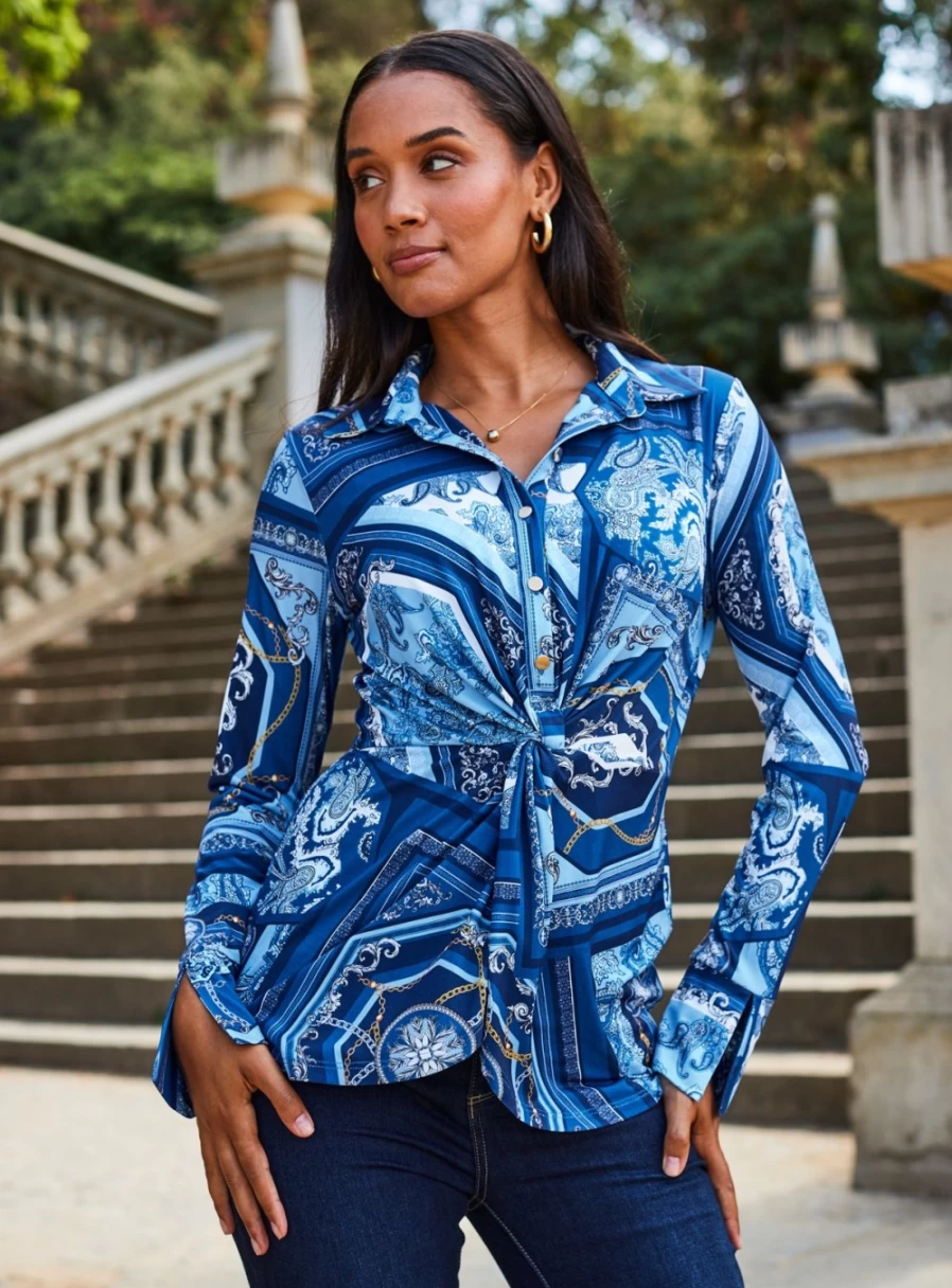 Sosandar Women's Twist Front Shirt with Scarf Detail - Stylish Blouse for Women