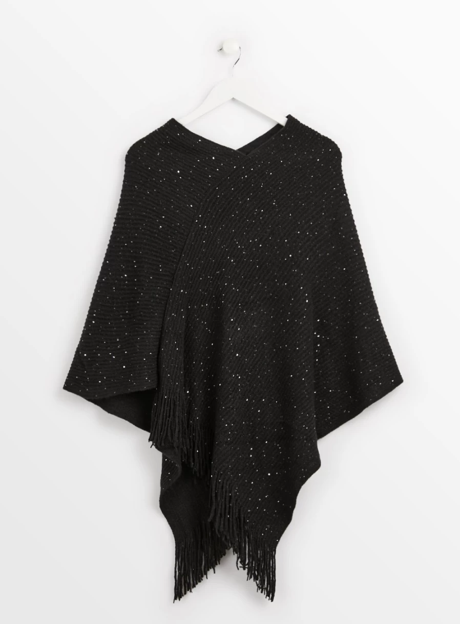 "Tu Women's Black Sequin Sparkle Poncho - One Size Festive Party Cape"