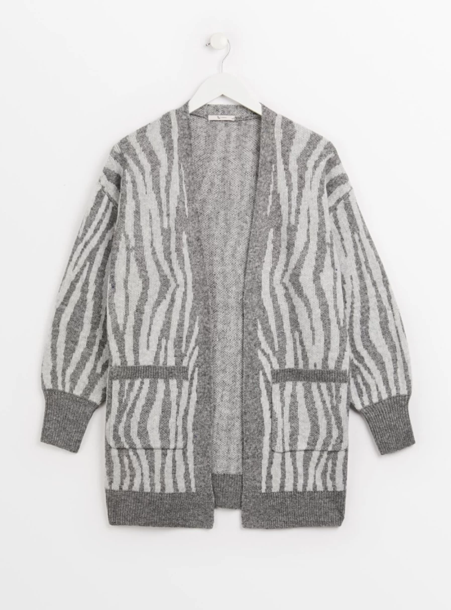 Tu Women's Grey Zebra Print Heavyweight Knit Cardigan - Cozy Winter Oversized Sweater