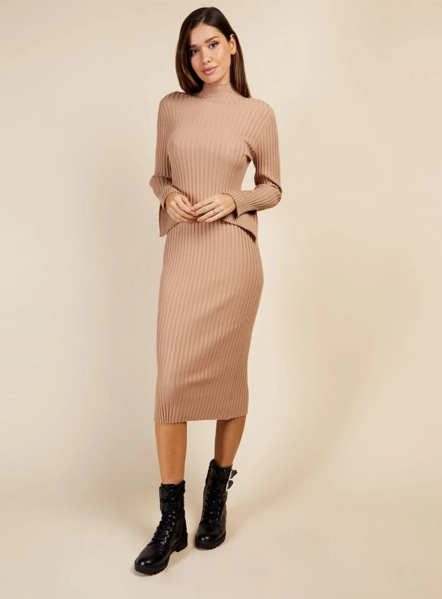 Vogue Williams Women's Camel Knit Midi Dress - Elegant Casual Sweater Dress
