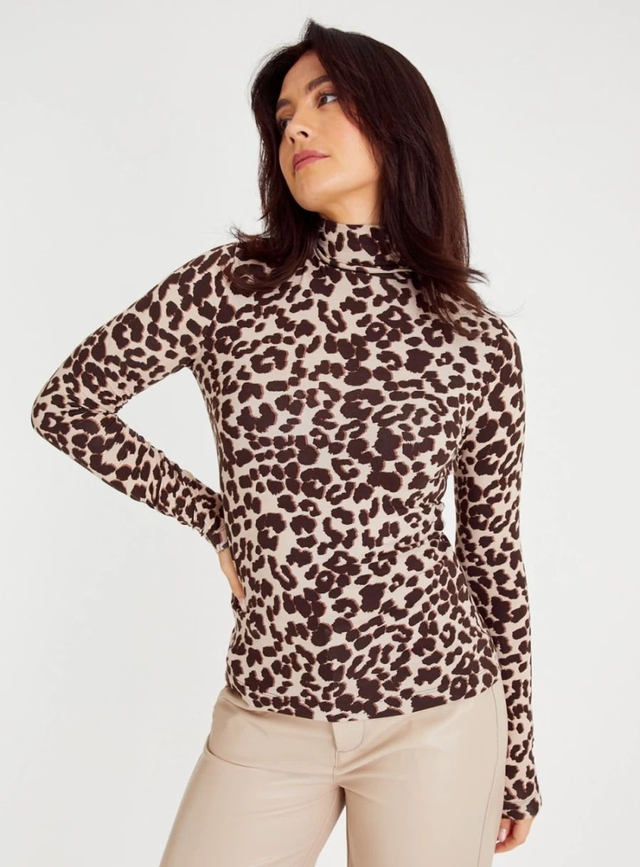 "Tu Women's Leopard Print Roll Neck Top - Stylish Animal Pattern Blouse"