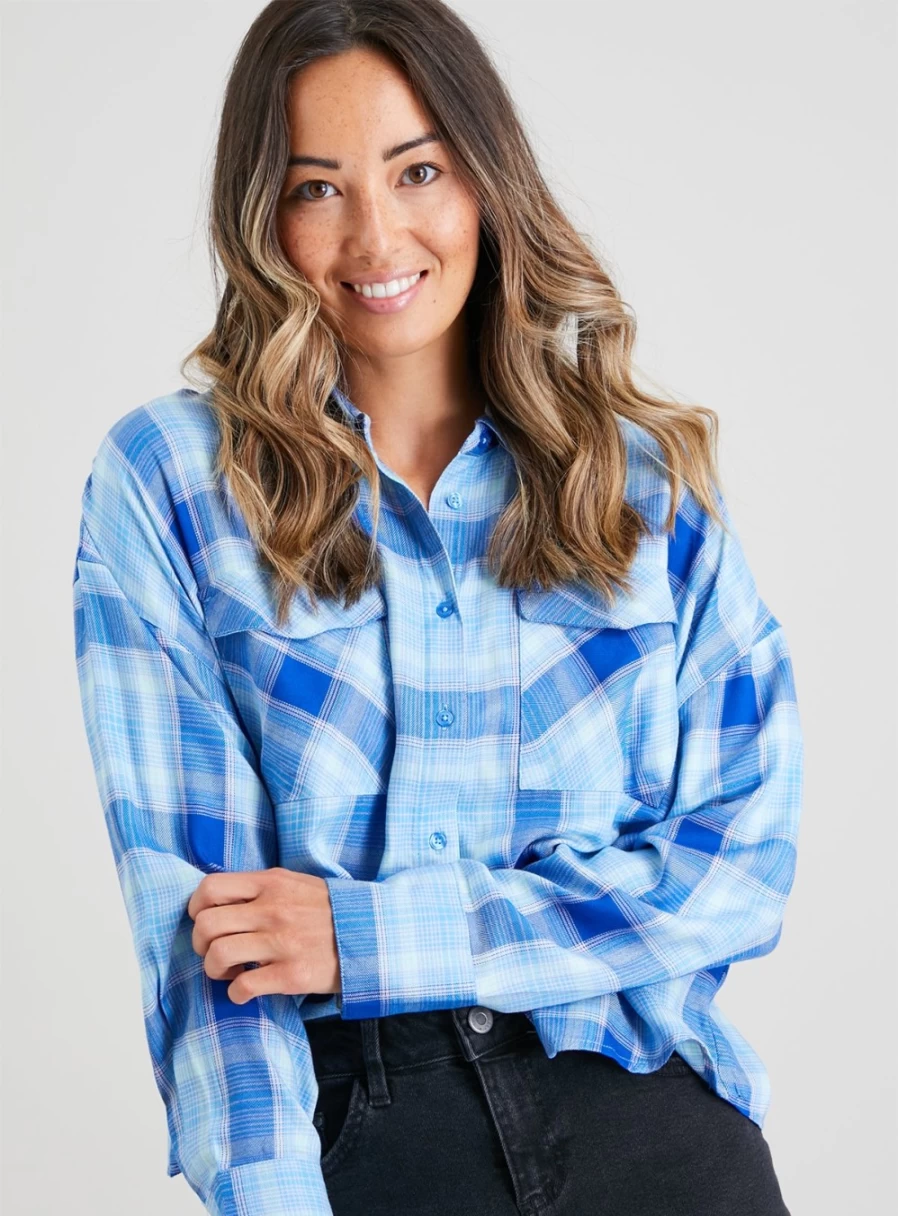 "Tu Women's Blue Checkered Oversized Shirt - Stylish Casual Top Size 18"