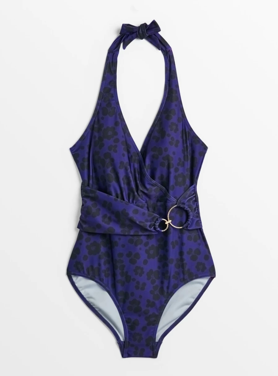 Tu Women's Navy Leopard Print Wrap Swimsuit with Belt - Stylish One-Piece Bathing Suit