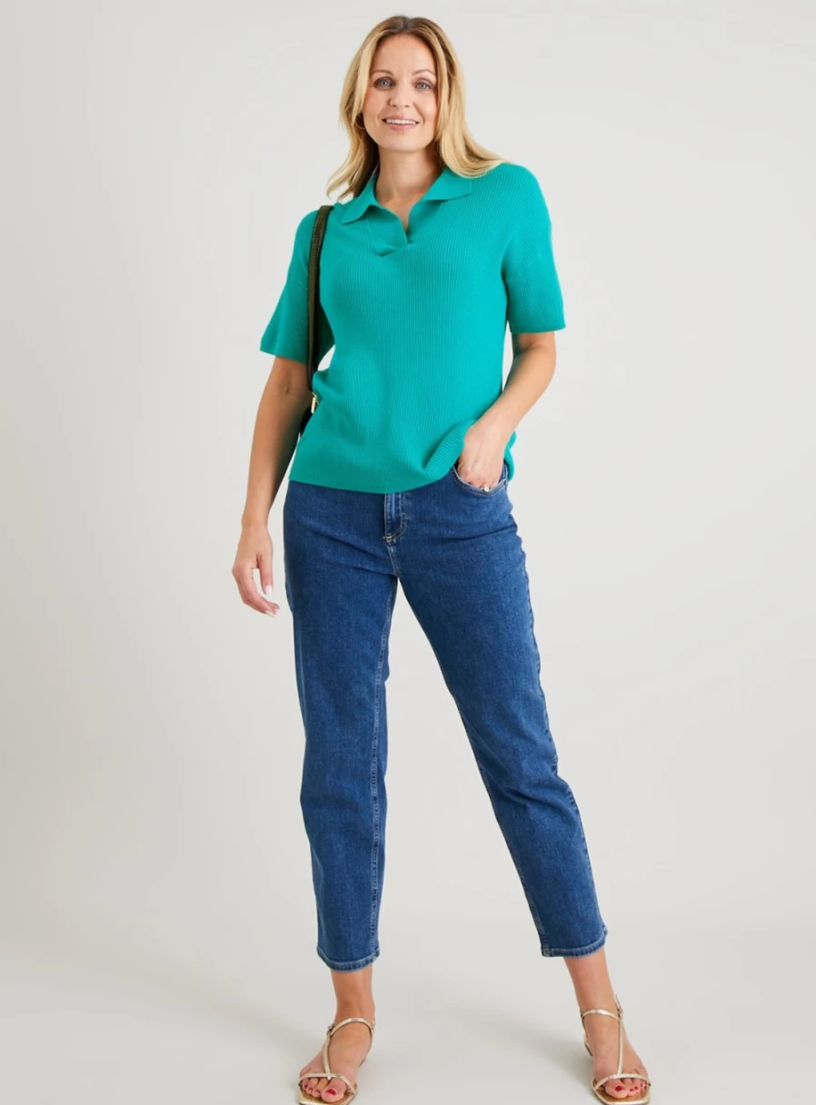 "Tu Women's Teal Ribbed Knit Trophy Collar T-Shirt - Slim Fit Casual Top"