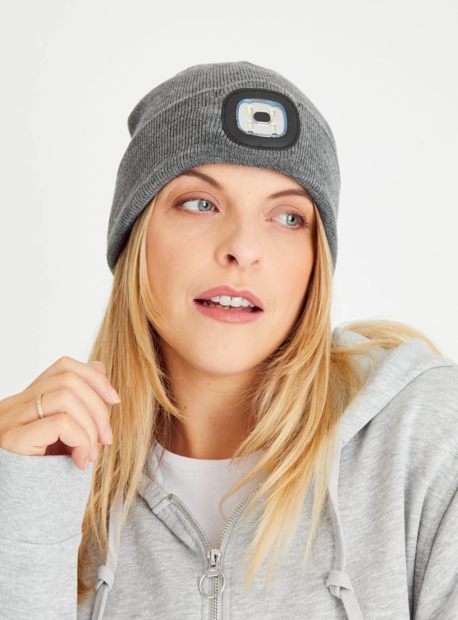 "Tu Women's Grey Marl Rib Knit LED Beanie - One Size Winter Hat"
