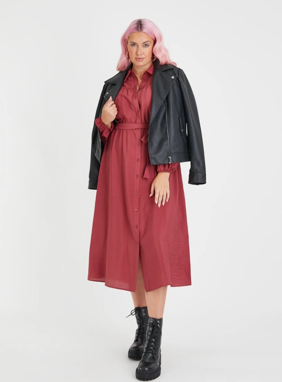Tu Women's Dark Red Midi Shirt Dress - Size 18 Casual Elegant Button Down Tunic