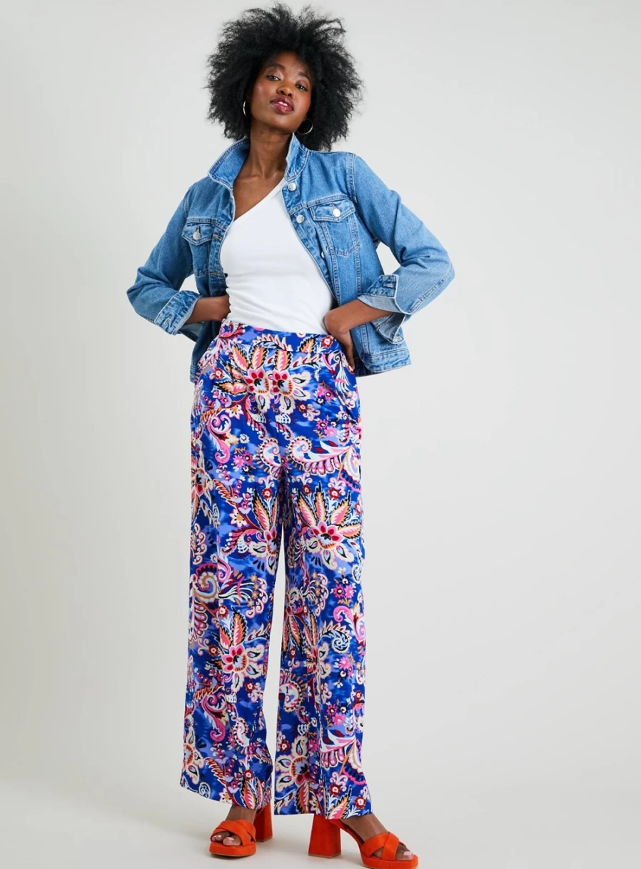 Tu Women's Blue Paisley Floral Print Palazzo Pants - Comfortable Jersey Trousers for Women