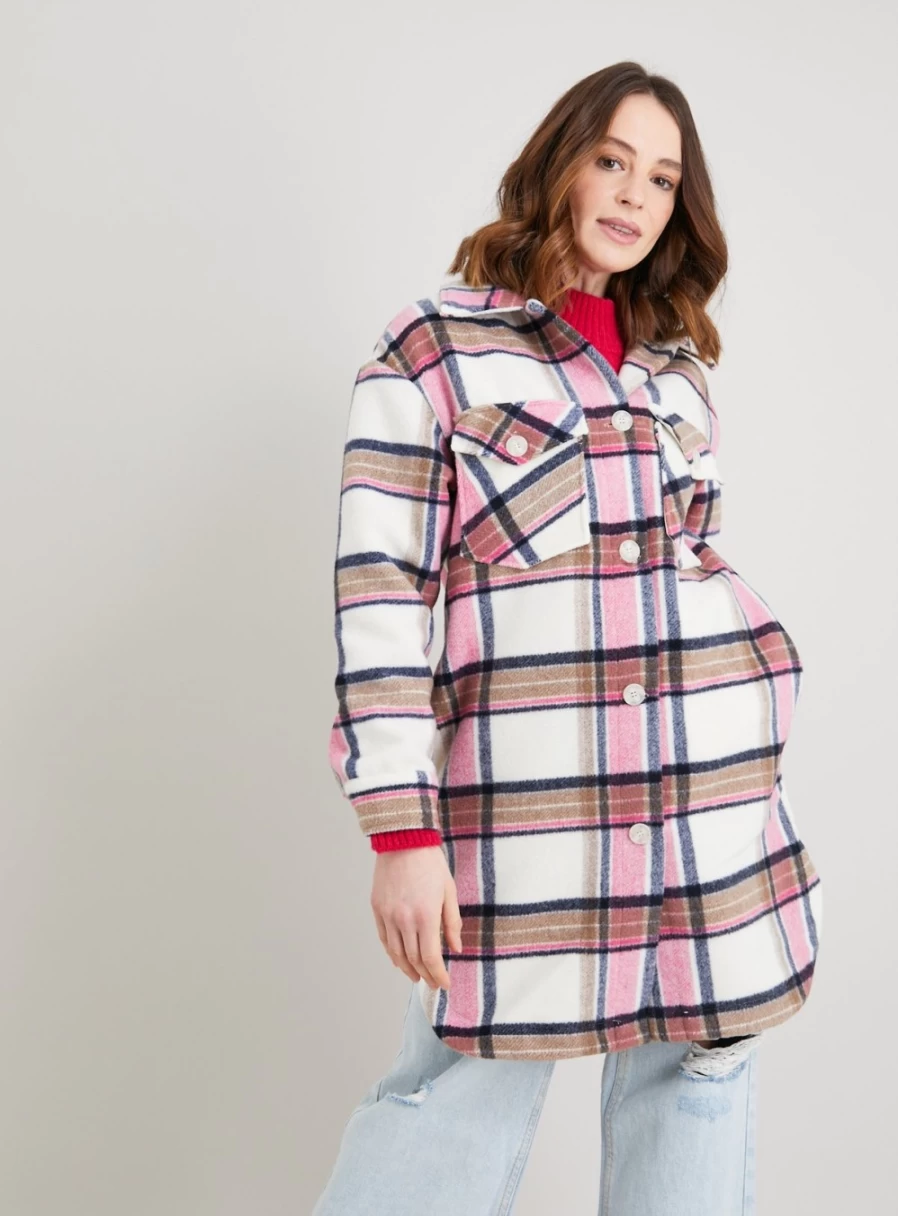 "Tu Women's Pink Checkered Longline Shacket - Stylish Oversized Shirt Jacket"