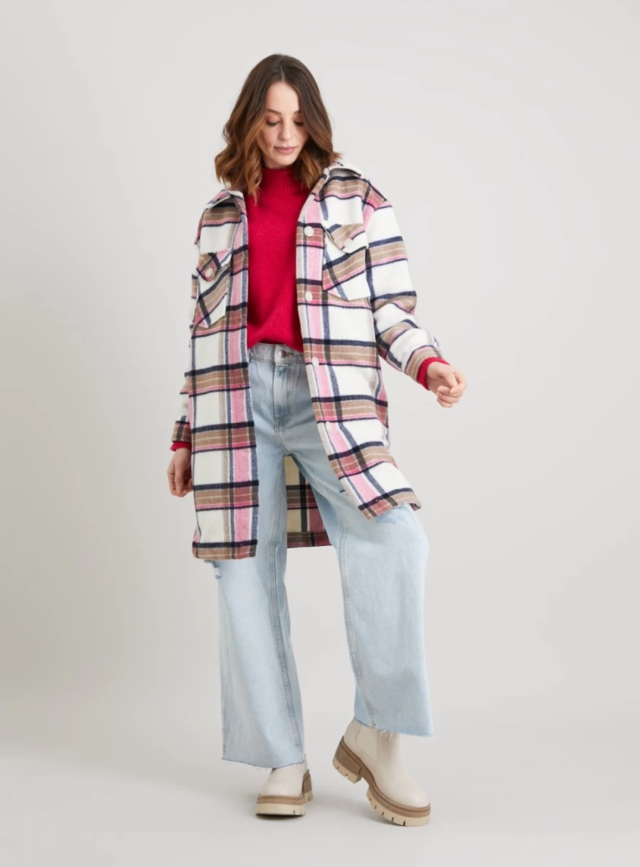 "Tu Women's Pink Checkered Longline Shacket - Stylish Oversized Shirt Jacket"