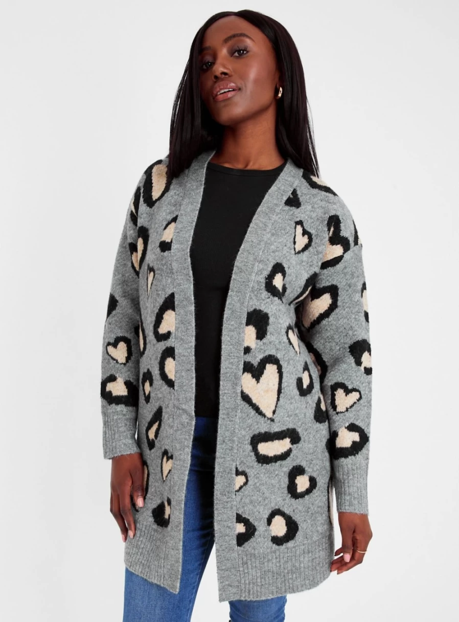 "Tu Women's Grey Leopard Print Hearts Longline Cardigan Sweater Size 14"