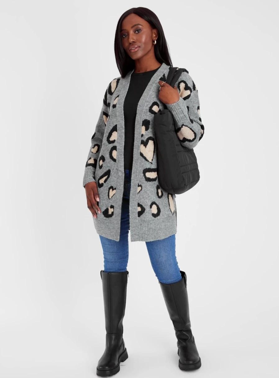 "Tu Women's Grey Leopard Print Hearts Longline Cardigan Sweater Size 14"