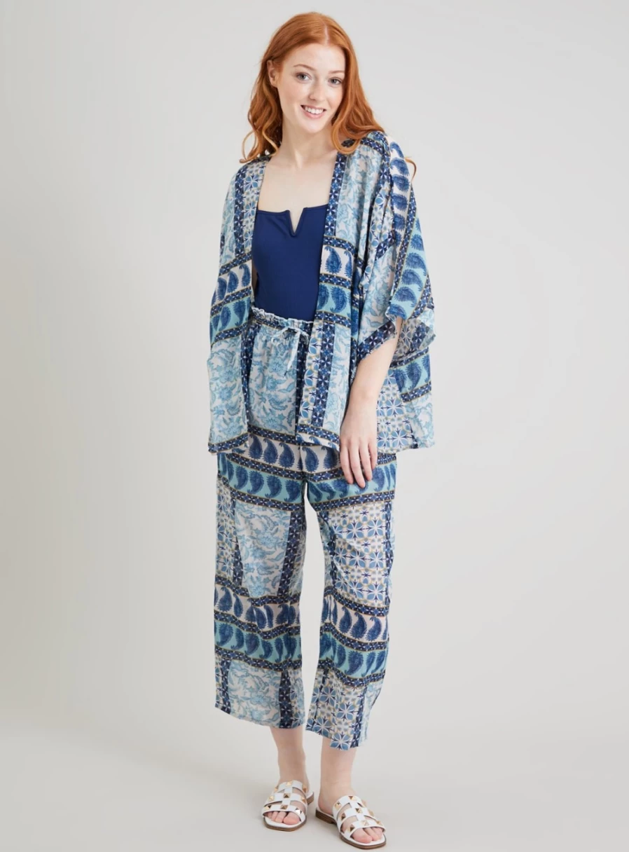 "Tu Women's Blue Scarf Print Wide Leg Cover Up Trousers - Size 10"