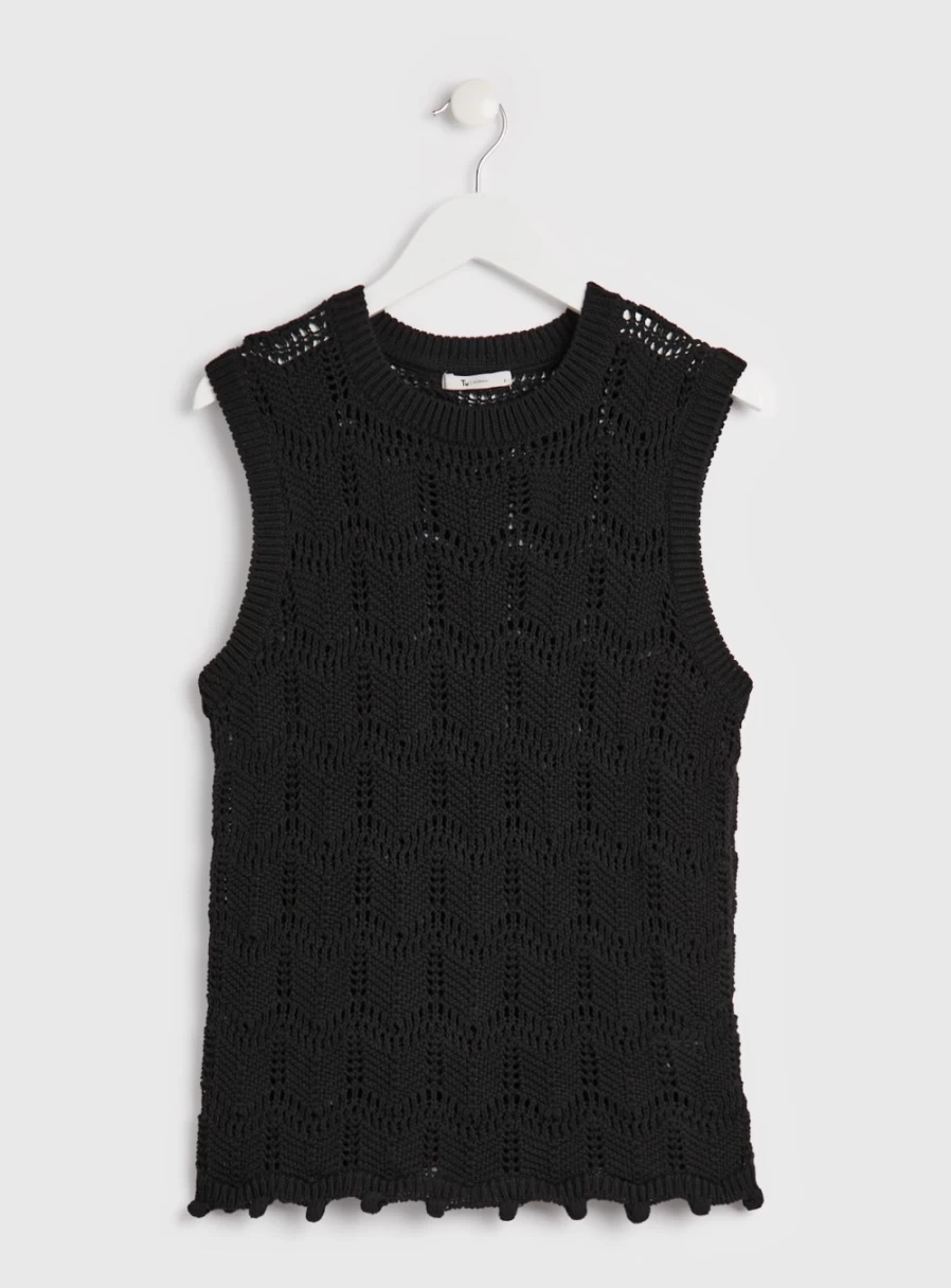 Tu Women's Black Chevron Crochet Knit Vest Top - Stylish Cropped Design