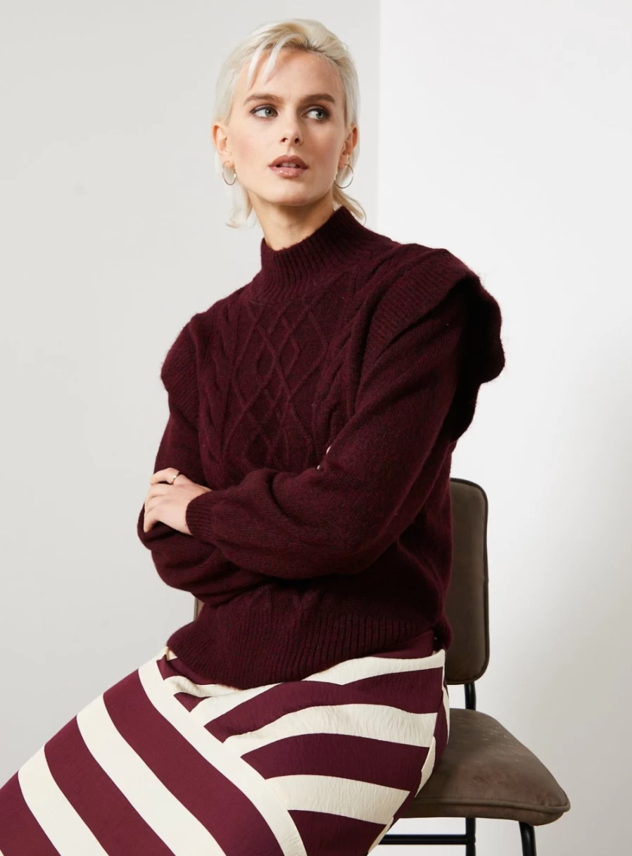 "For All The Love Women's Burgundy Cable Knit High Neck Frill Jumper Sweater Size 12"