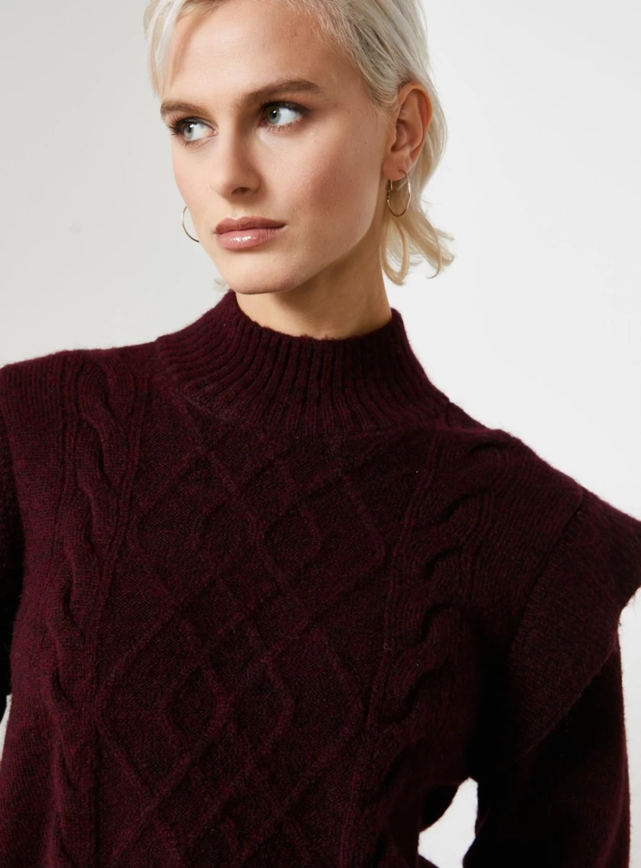 "For All The Love Women's Burgundy Cable Knit High Neck Frill Jumper Sweater Size 12"