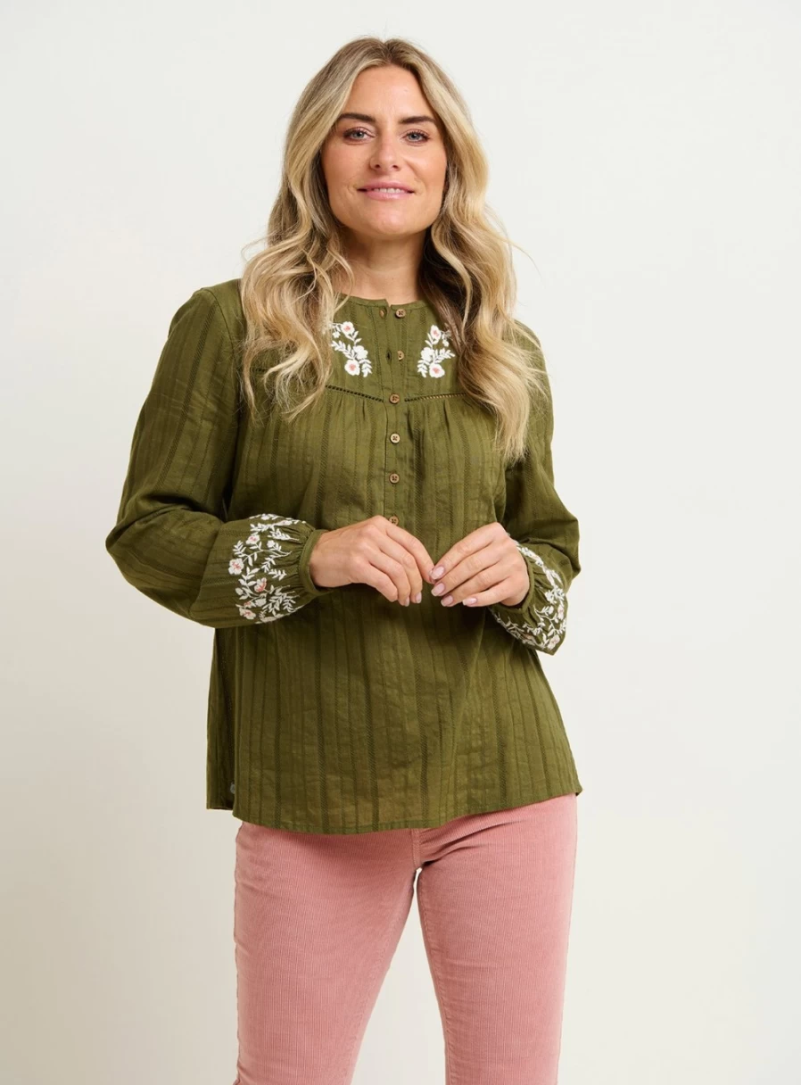 Brakeburn Women's Basil Embroidered Blouse - Floral Stitched Top Size 18